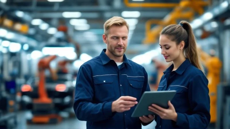 BMW-Ausbilder in Regensburg erklaert einer Auszubildenden ein modernes Produktionssystem