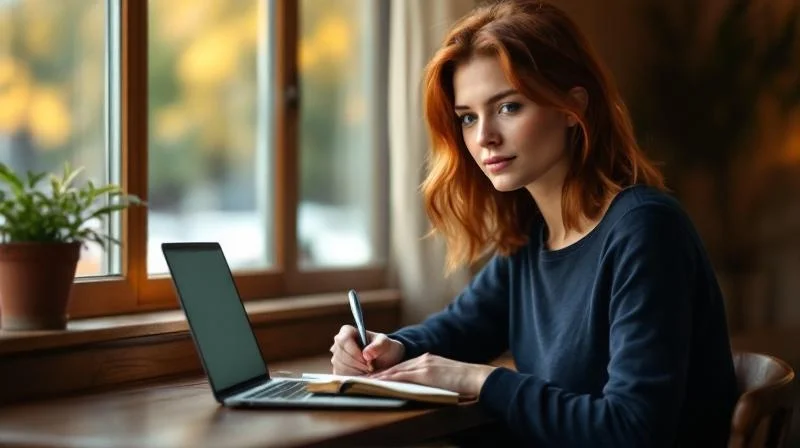 Teilnehmerin lernt konzentriert am Laptop für eine IHK-Prüfung in Regensburg