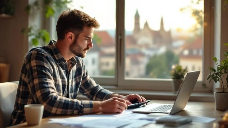 Regensburger Berufstaetiger arbeitet an Steuererklaerung am Schreibtisch
